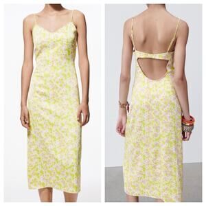 Zara Satin Effect Floral Midi Slip Dress Small Yellow Open Back Spring